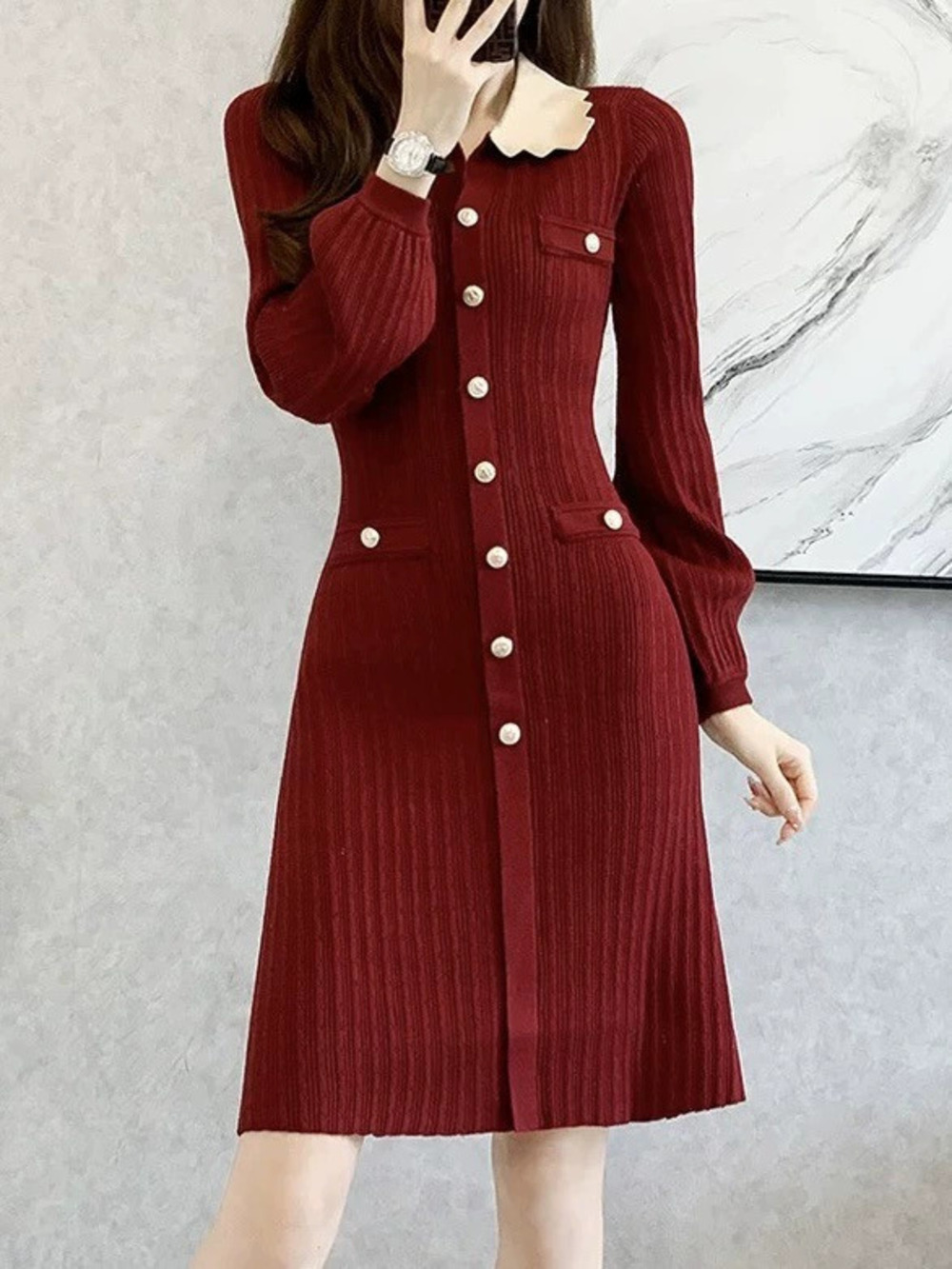 ZARA Red Knit Dress for Women Autumn Winter Elegant Long Sleeve Layering